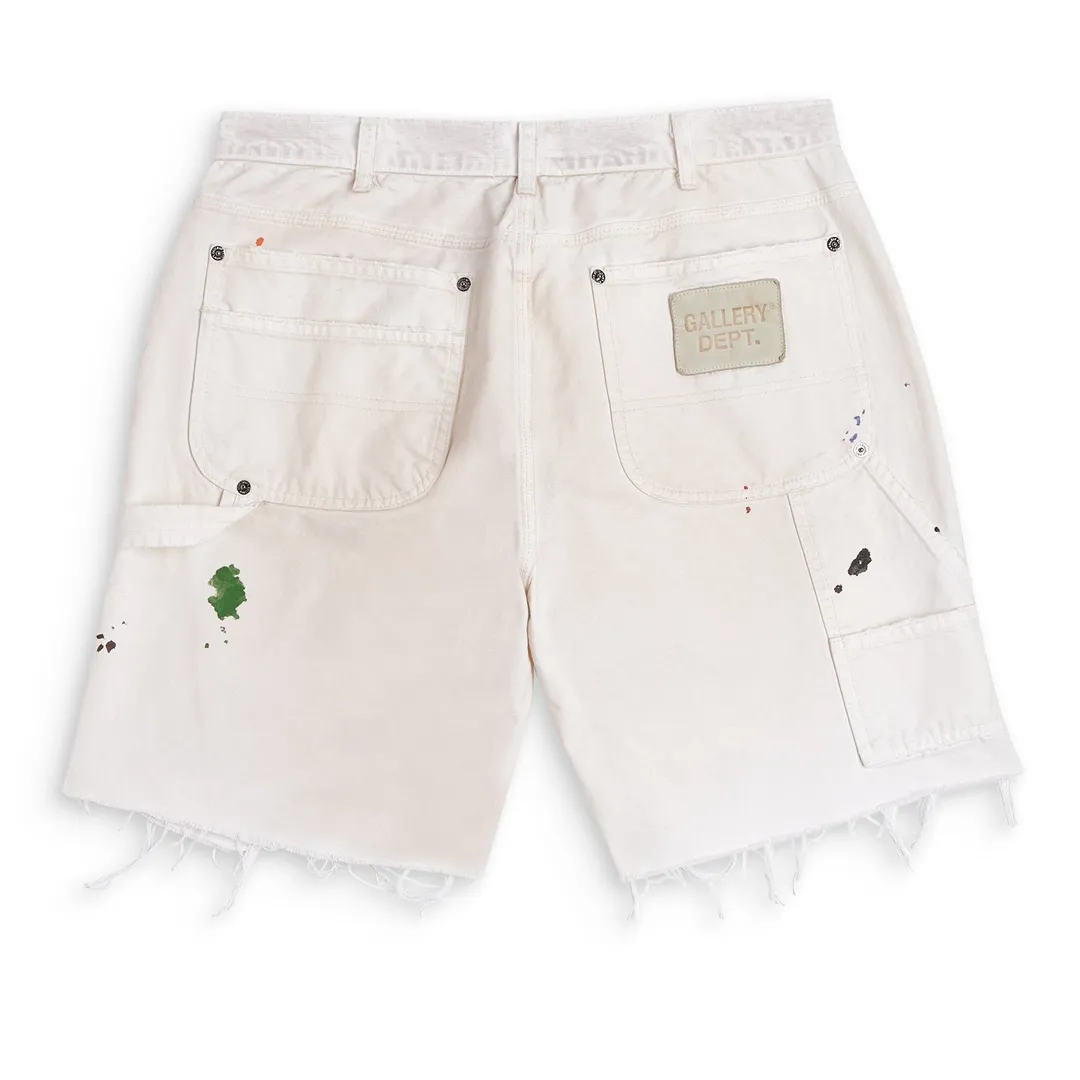 GALLERY DEPT. FLEA CARPENTER SHORTS Ink-cut knife-cut mud-dyed denim shorts. Destroy VINTAGE distressed denim shorts. Distressed white S-XL. Rewashed cement-dyed to make it old. Knife cut holes. Cat whiskers are worn. Customized full set with logo accessories. Purely handmade acrylic splash-ink graffiti.
